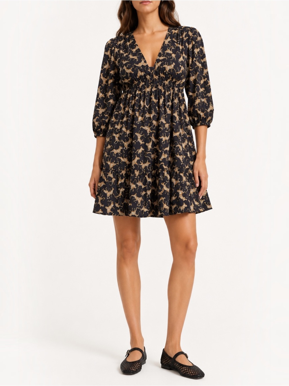 Leota Zariah Dress L Black Cheetah Leopard Print Organic Cotton Mini Puff Sleeve